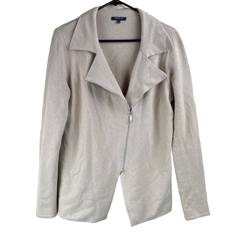 Lafayette 148 Womens Asymmetric Zip Wool Sweater Size L Tan/ Gold Metallic